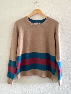 Passenger Colorblock Crewneck Stripe Sweater Tan Sz Small Gorpcore Grandpa Cozy